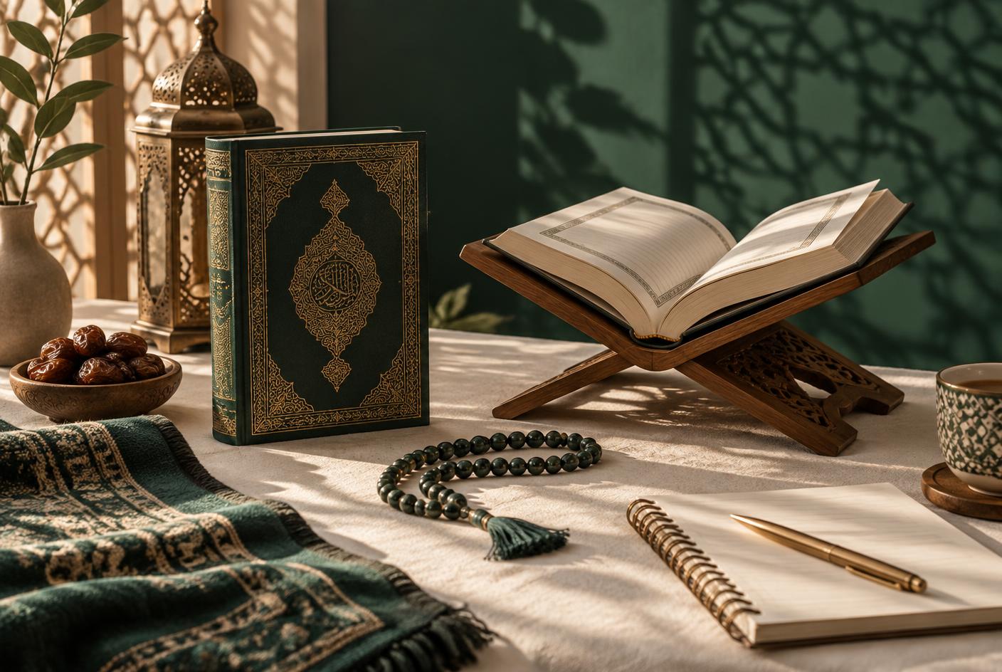 Quran study materials in warm light